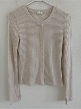 Aerie Ribbed Button-Front Cream Shimmer Long Sleeve